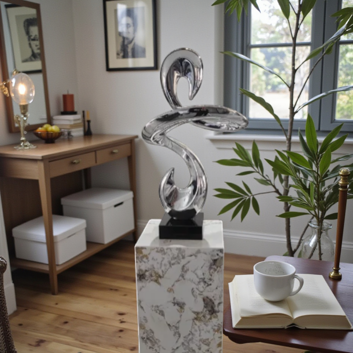 Modern Abstract Sculpture, Metallic Art Statue, Contemporary Home Decor Accent