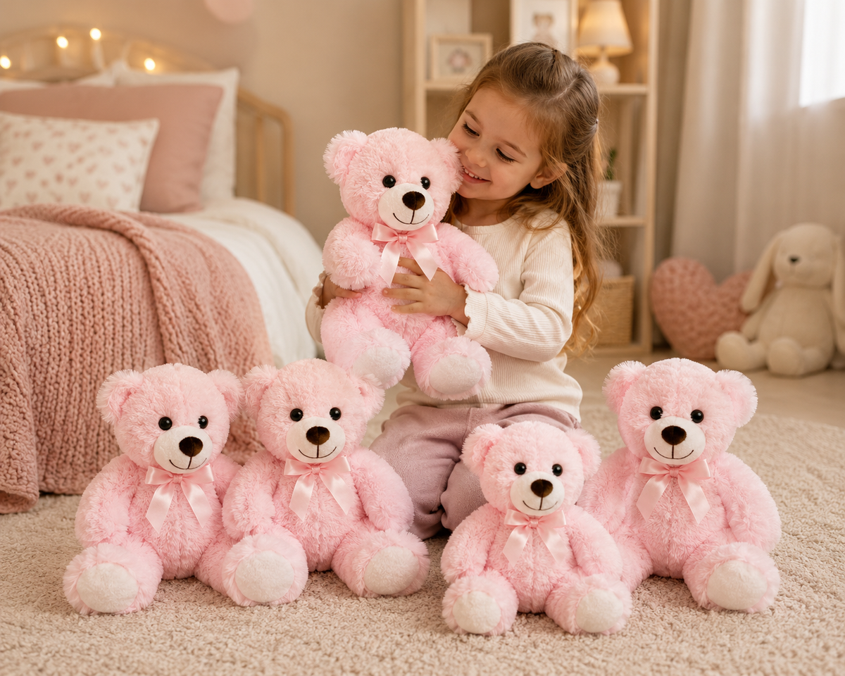 Set of 5 Teddy Bears, Soft Plush Stuffed Animals, Nursery Decor, Five Colors