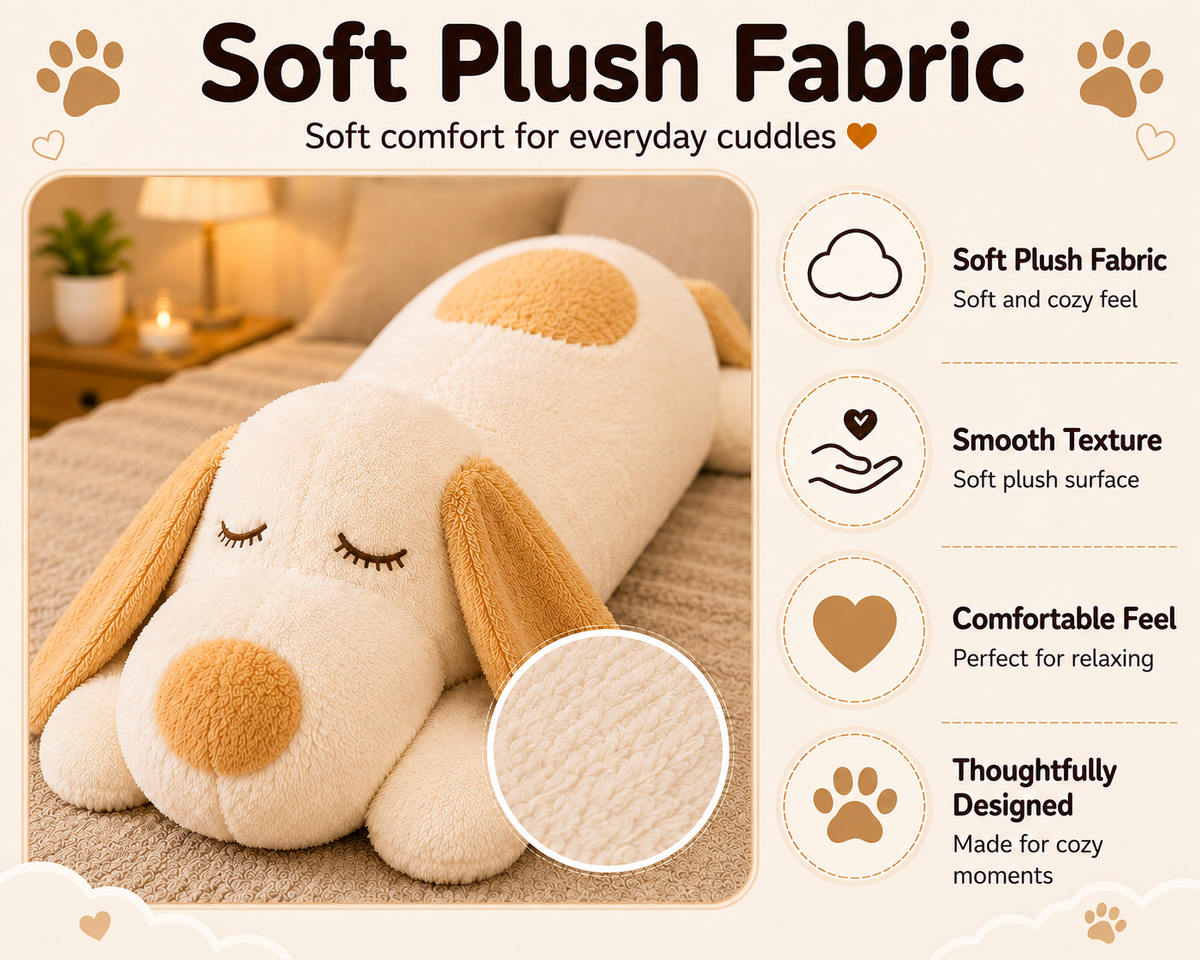 Large Sleeping Dog Plush Pillow, Stuffed Animal, Body Cushion, 3 Sizes