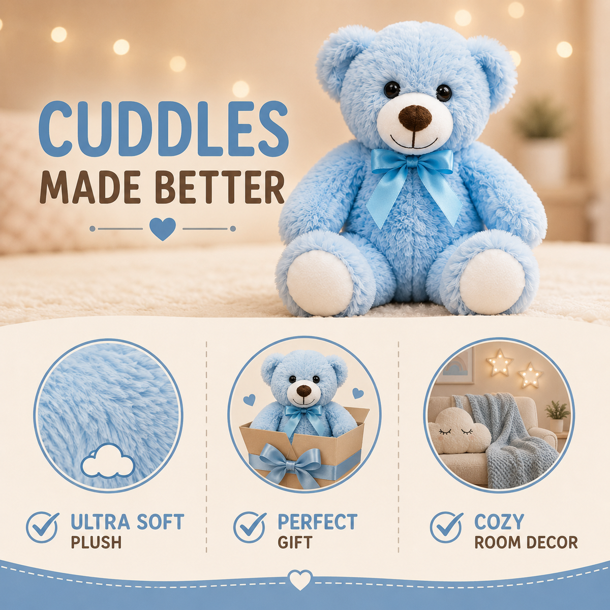 Set of 5 Teddy Bears, Soft Plush Stuffed Animals, Nursery Decor, Five Colors
