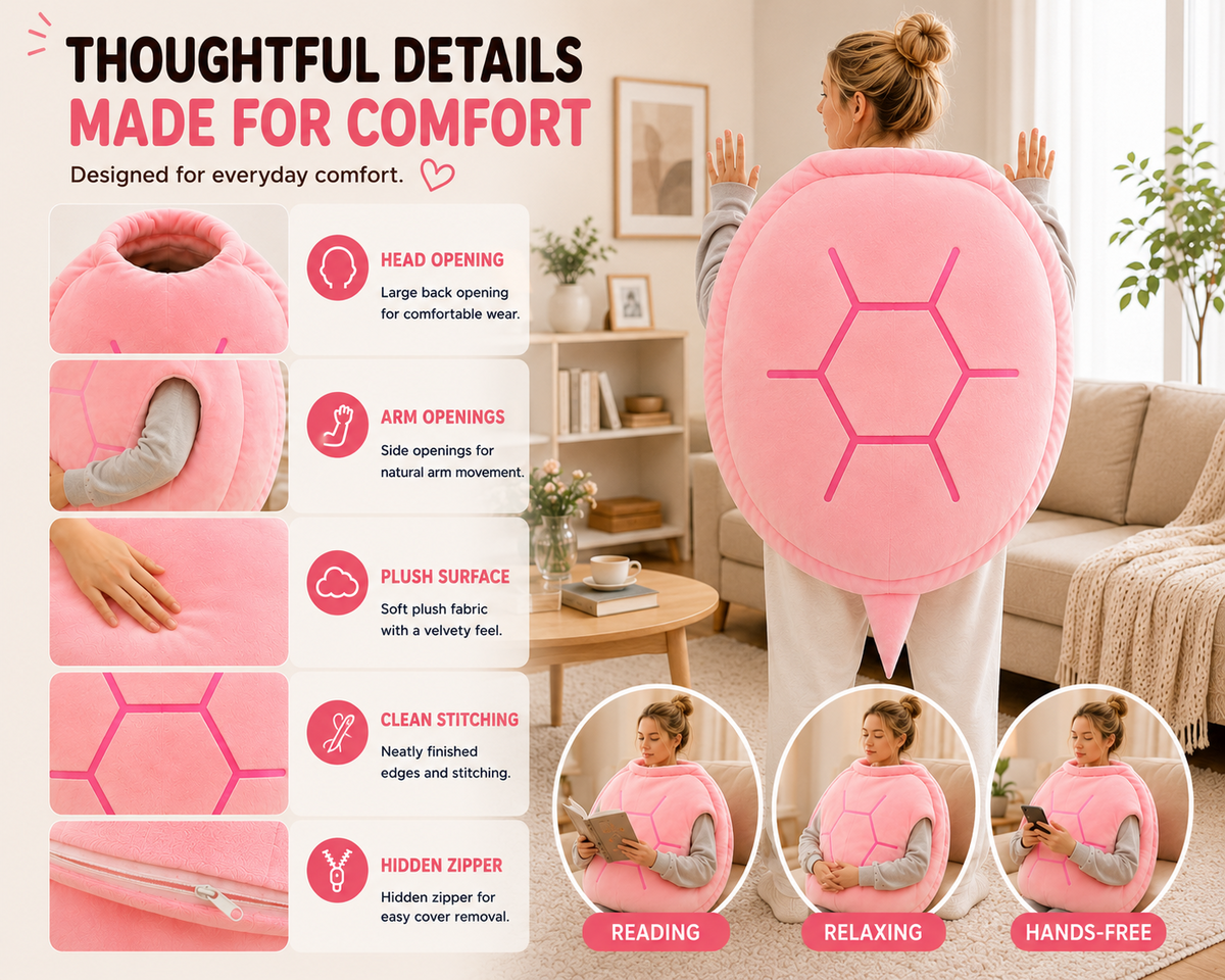 Pink wearable turtle pillow thoughtful details