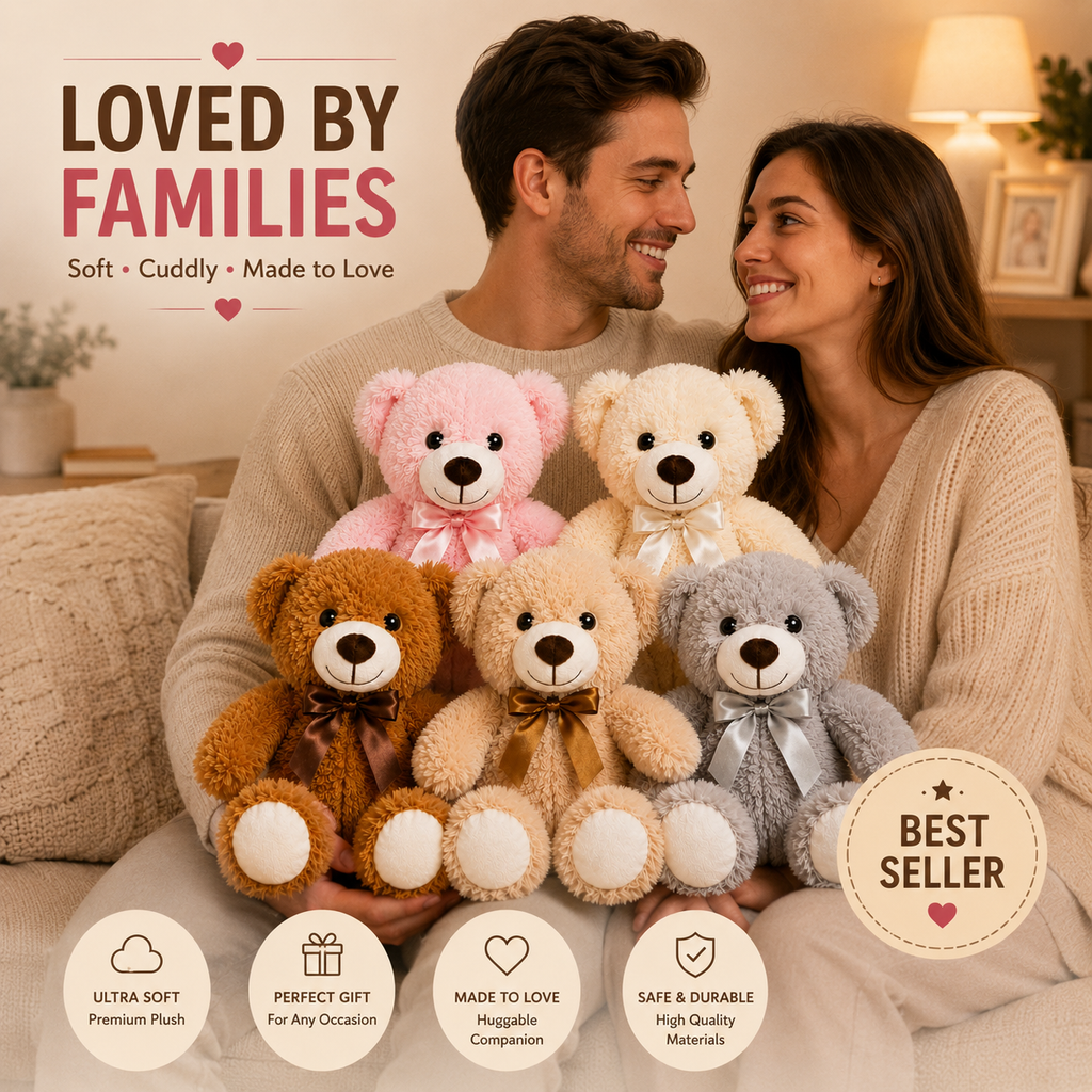 Set of 5 Teddy Bears, Soft Plush Stuffed Animals, Nursery Decor, Five Colors