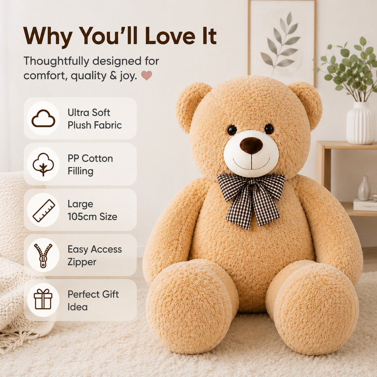 Large Teddy Bear Plush, 105 cm Stuffed Animal, Nursery & Bedroom Decor