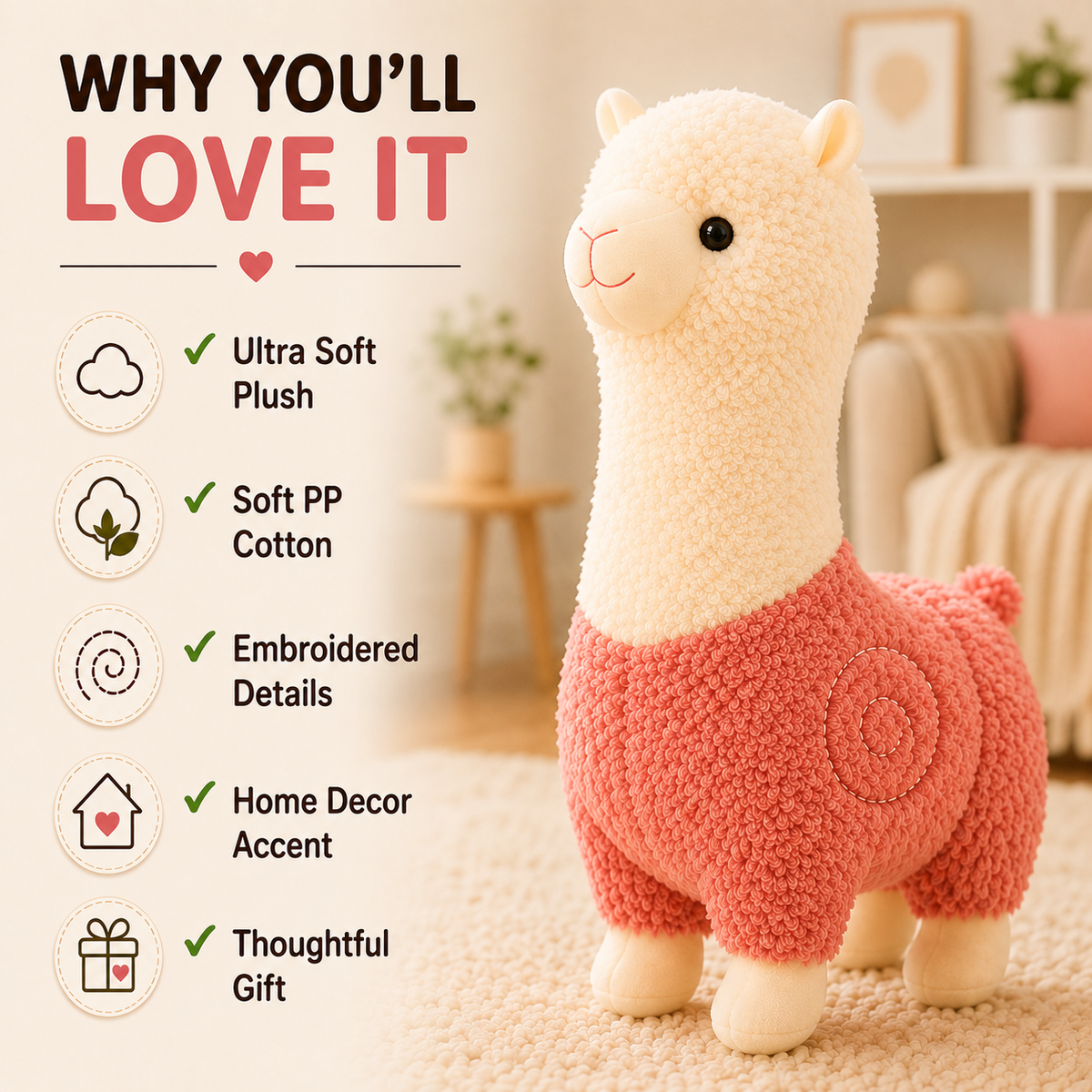 Standing Alpaca Plush Toy, Llama Stuffed Animal, Nursery Decor, Soft Gift for Kids