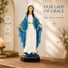 Virgin Mary Statue, Blue and White Catholic Figurine for Prayer Decor