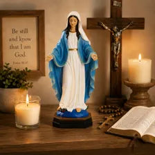 Virgin Mary Statue, Blue and White Catholic Figurine for Prayer Decor