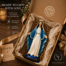 Virgin Mary Statue, Blue and White Catholic Figurine for Prayer Decor