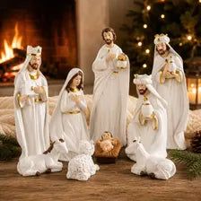 White Gold Nativity Set, Resin Christmas Figurines, Religious Holiday Decor