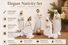 White Gold Nativity Set, Resin Christmas Figurines, Religious Holiday Decor