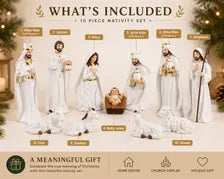 White Gold Nativity Set, Resin Christmas Figurines, Religious Holiday Decor