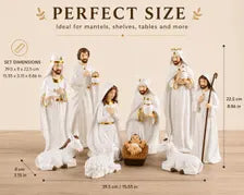 White Gold Nativity Set, Resin Christmas Figurines, Religious Holiday Decor