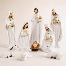 White Gold Nativity Set, Resin Christmas Figurines, Religious Holiday Decor