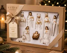 White Gold Nativity Set, Resin Christmas Figurines, Religious Holiday Decor