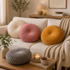 Round Velvet Throw Pillow Pleated Cushion Decorative Accent Sofa Bedroom Decor
