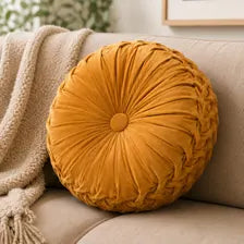 Round Velvet Throw Pillow Pleated Cushion Decorative Accent Sofa Bedroom Decor