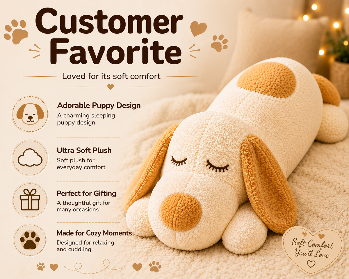 Large Sleeping Dog Plush Pillow, Stuffed Animal, Body Cushion, 3 Sizes