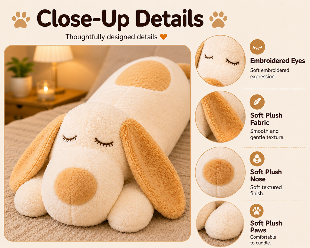 Large Sleeping Dog Plush Pillow, Stuffed Animal, Body Cushion, 3 Sizes