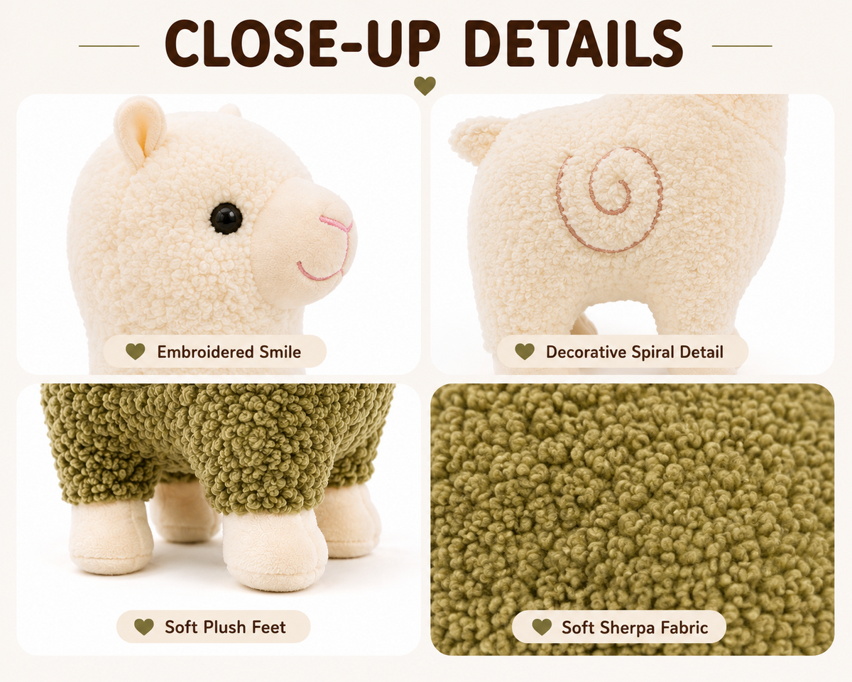 Standing alpaca plush close-up details