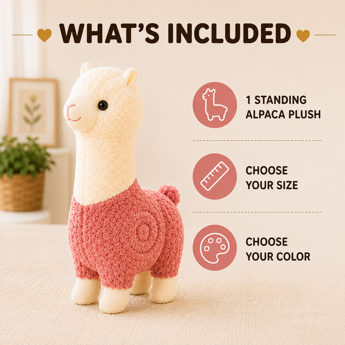Standing alpaca plush package contents