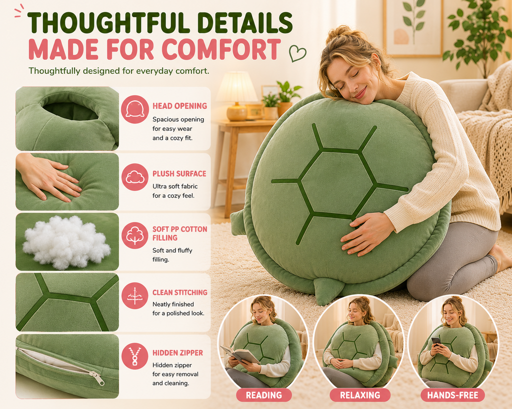 Wearable turtle pillow thoughtful details