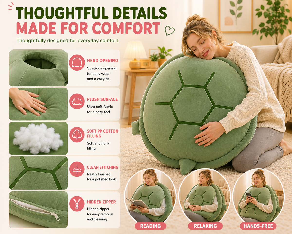Wearable turtle pillow thoughtful details
