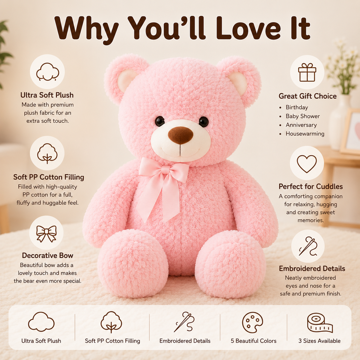 Plush Teddy Bear – Soft Fluffy Stuffed Animal, Nursery & Bedroom Decor