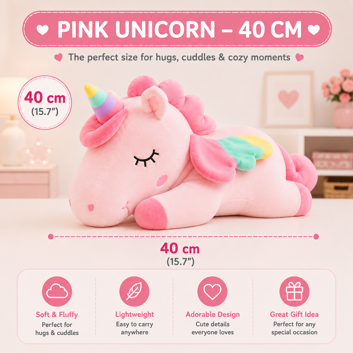 Unicorn Plush Pillow, Large Stuffed Animal, Kids Room & Nursery Decor