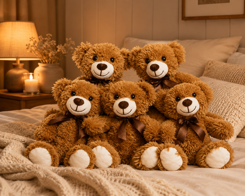 Set of 5 Teddy Bears, Soft Plush Stuffed Animals, Nursery Decor, Five Colors