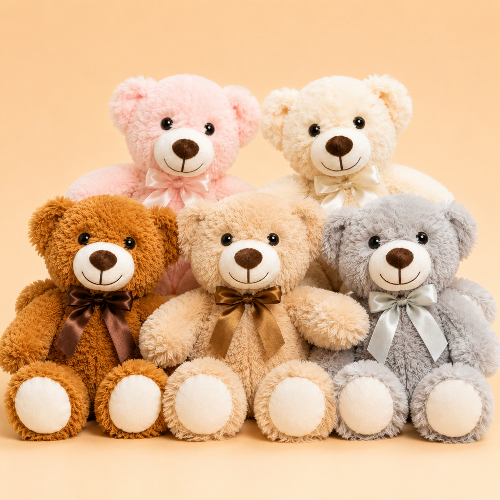 Set of 5 Teddy Bears, Soft Plush Stuffed Animals, Nursery Decor, Five Colors