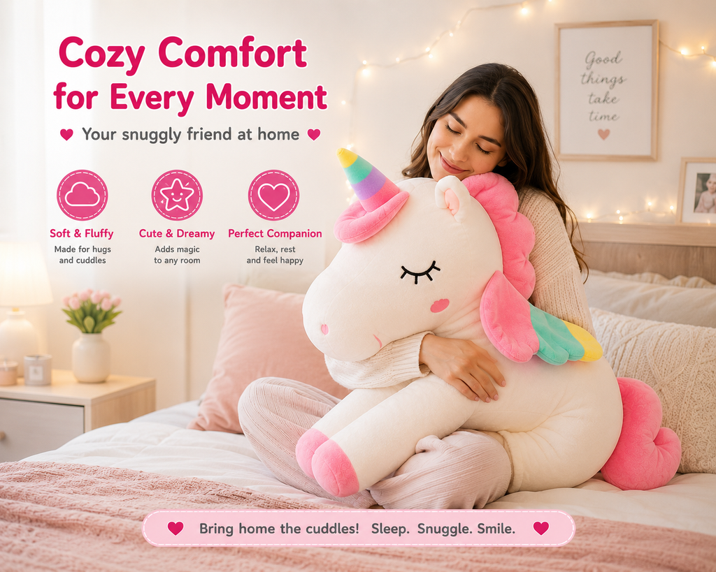 Unicorn Plush Pillow, Large Stuffed Animal, Kids Room & Nursery Decor