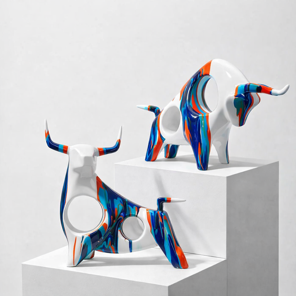 Colorful abstract bull sculptures in two styles