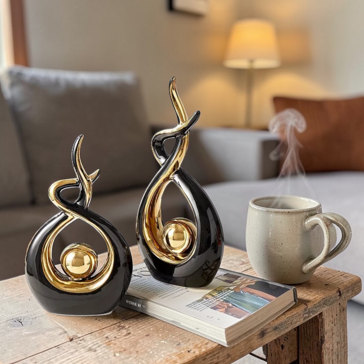 Black and gold abstract ceramic sculpture set home decor
