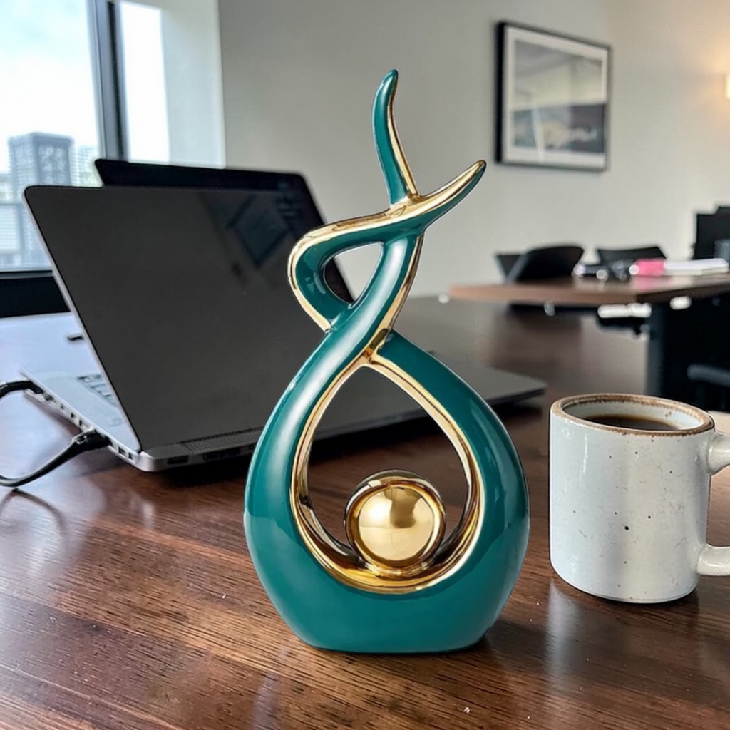 Green and gold abstract ceramic sculpture office decor