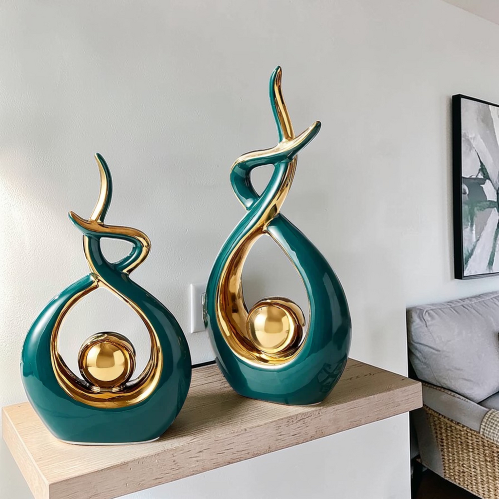Green and gold abstract ceramic sculpture set home decor