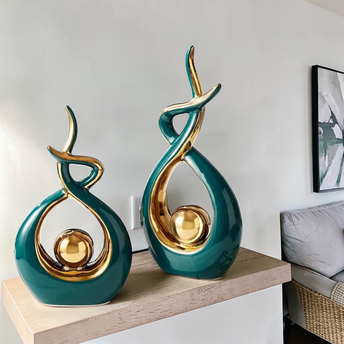 Green and gold abstract ceramic sculpture set home decor