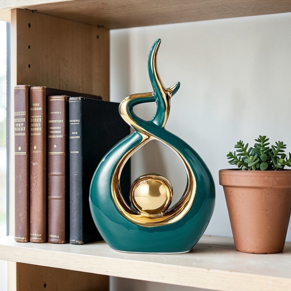 Green and gold abstract ceramic sculpture shelf decor