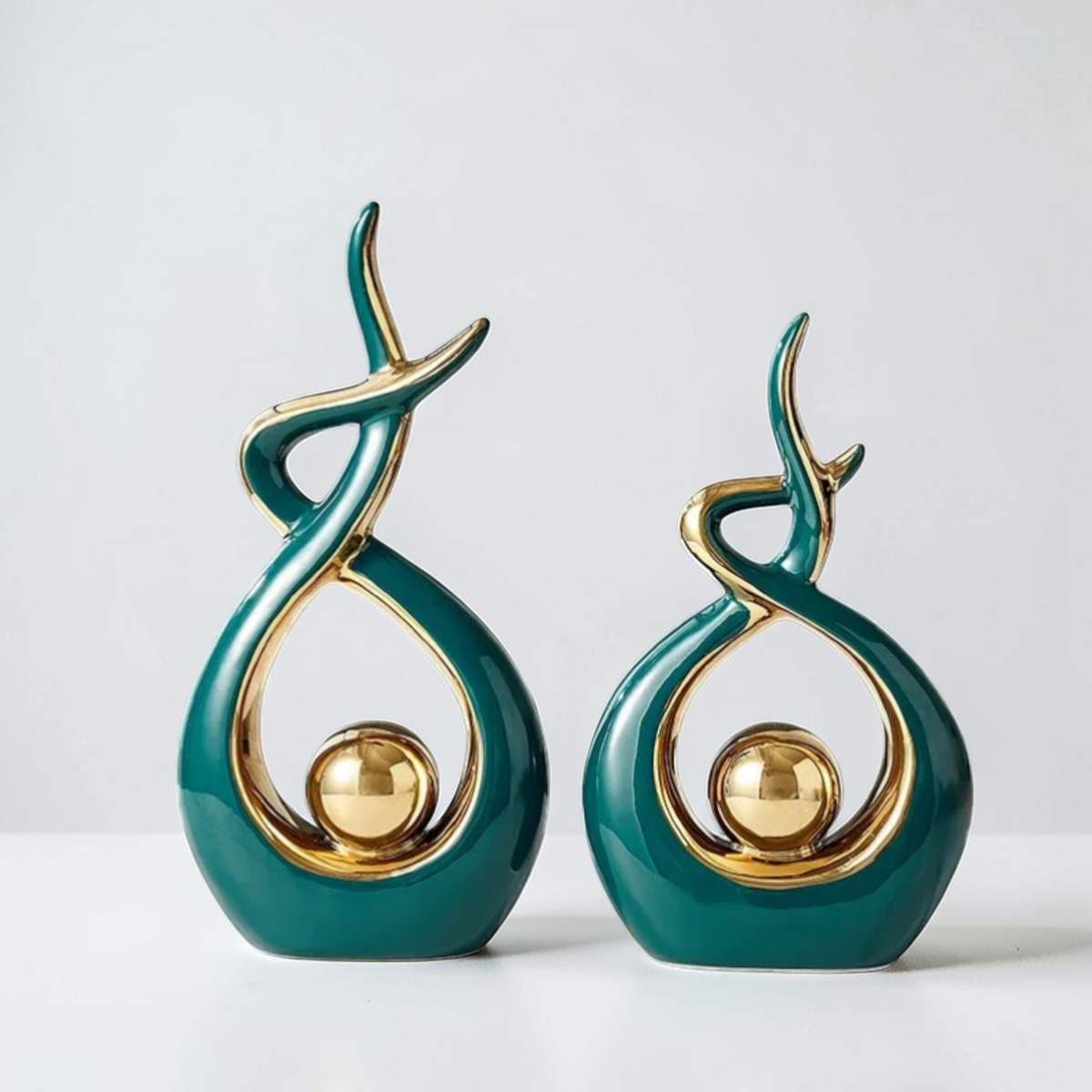 Green and gold abstract ceramic sculpture two sizes