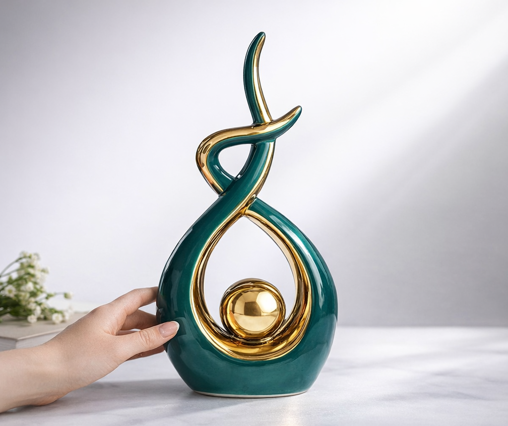 Large green and gold abstract ceramic sculpture
