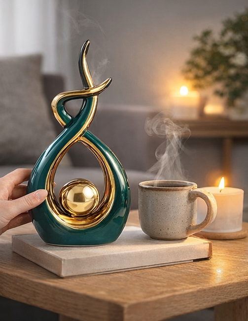 Green and gold abstract sculpture on coffee table