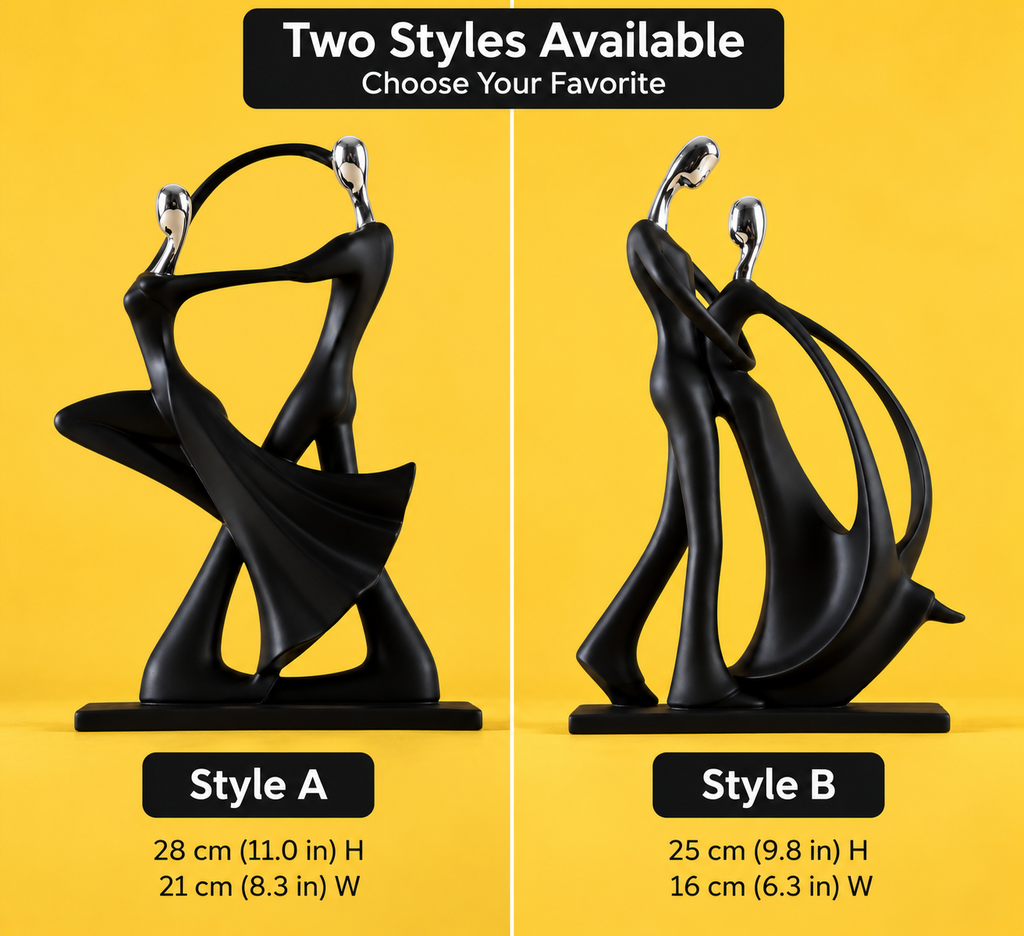 Abstract couple sculpture Style A and Style B comparison with dimensions