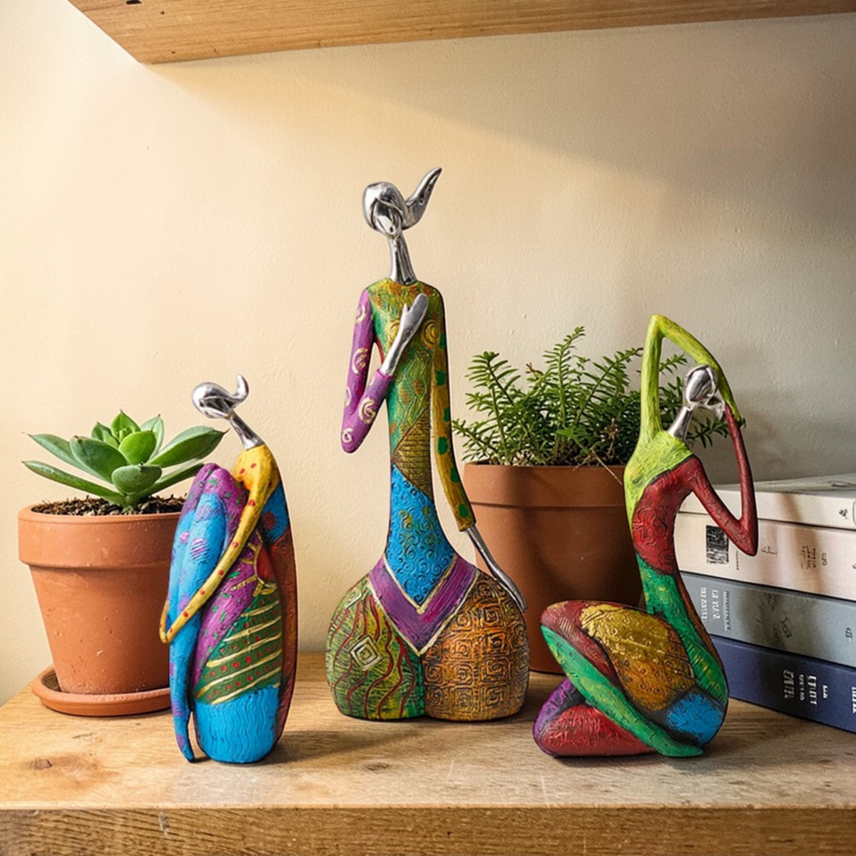 Colorful abstract resin sculptures displayed together