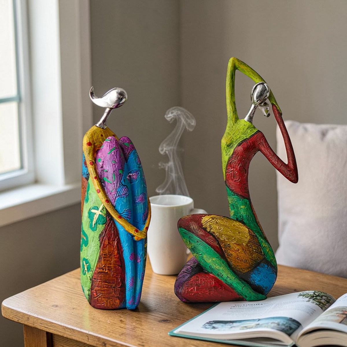 Modern colorful resin figurines on shelf