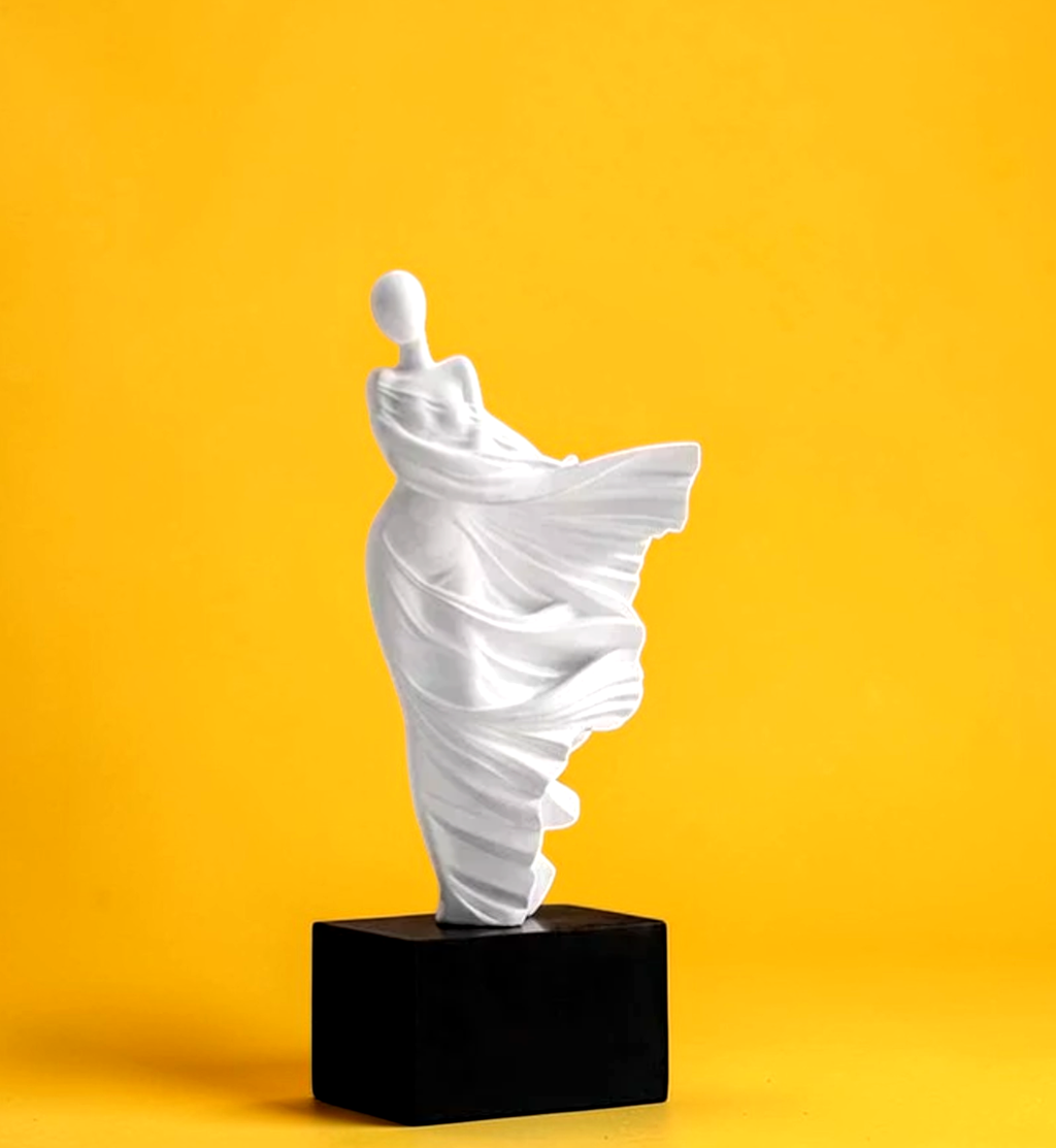White modern abstract woman sculpture on black base