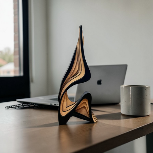 Layered wooden sculpture displayed in modern interior