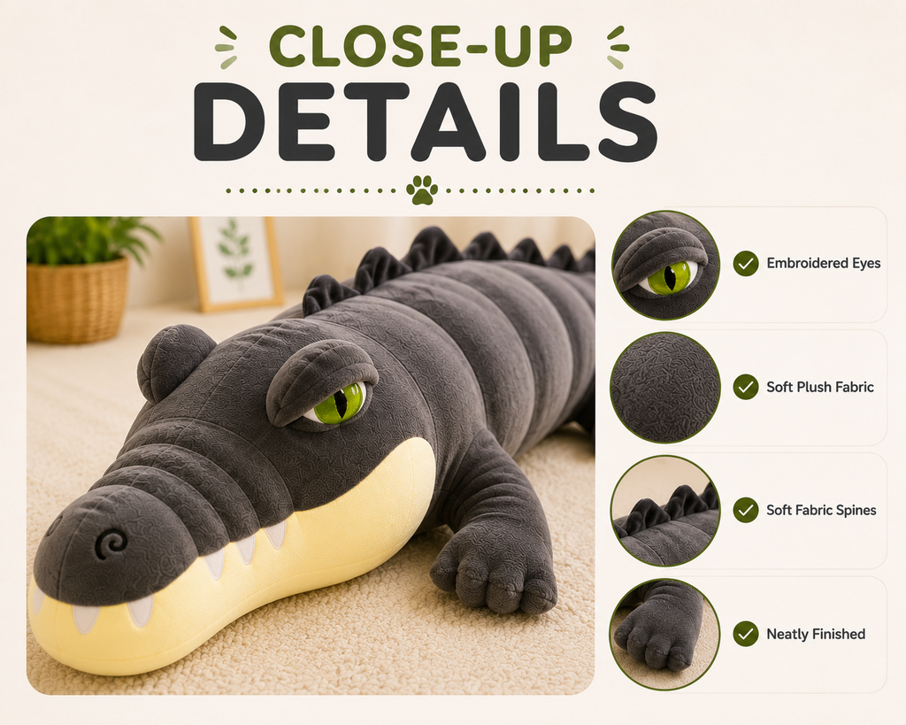 Alligator plush close-up details