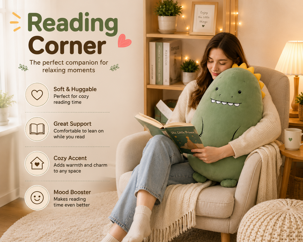 Dinosaur plush in reading corner