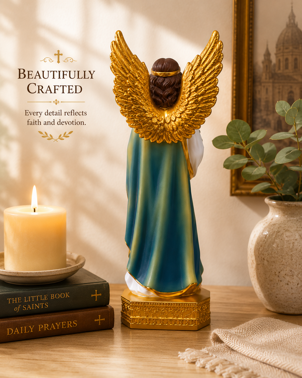 Ave Maria angel statue back view with gold wings