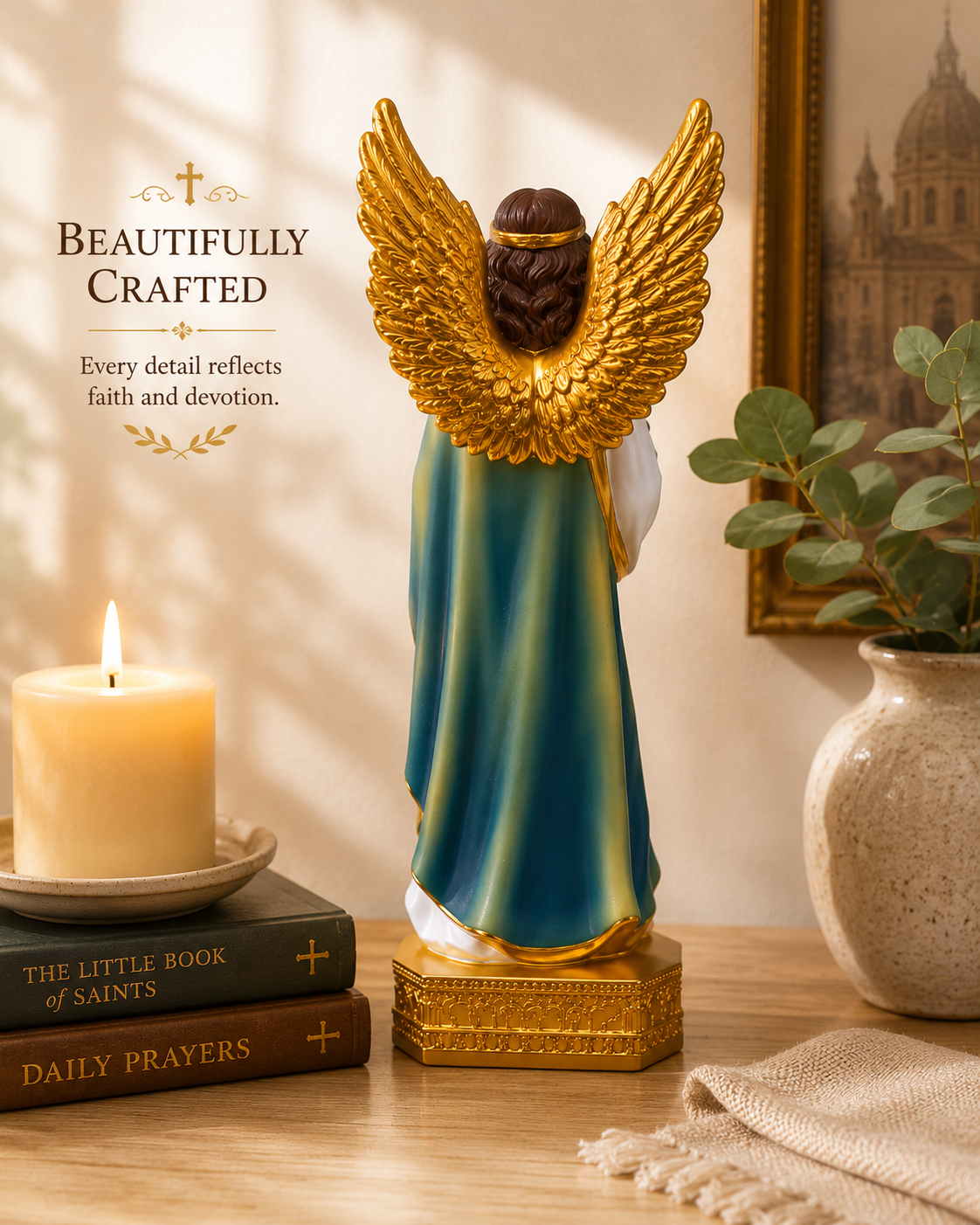 Ave Maria angel statue back view with gold wings