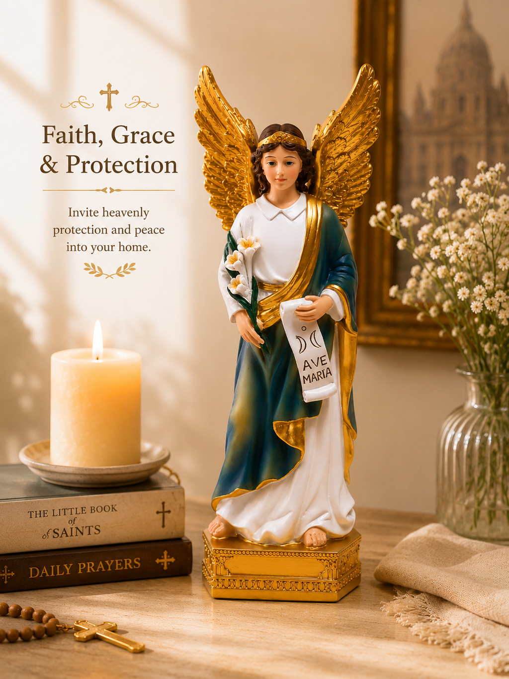 Ave Maria angel statue faith grace and protection decor