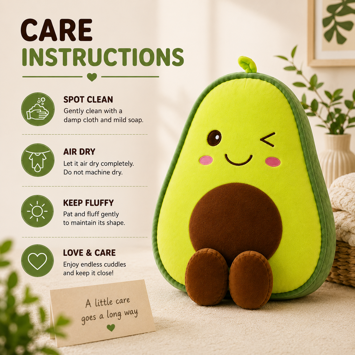 Avocado plush pillow care instructions